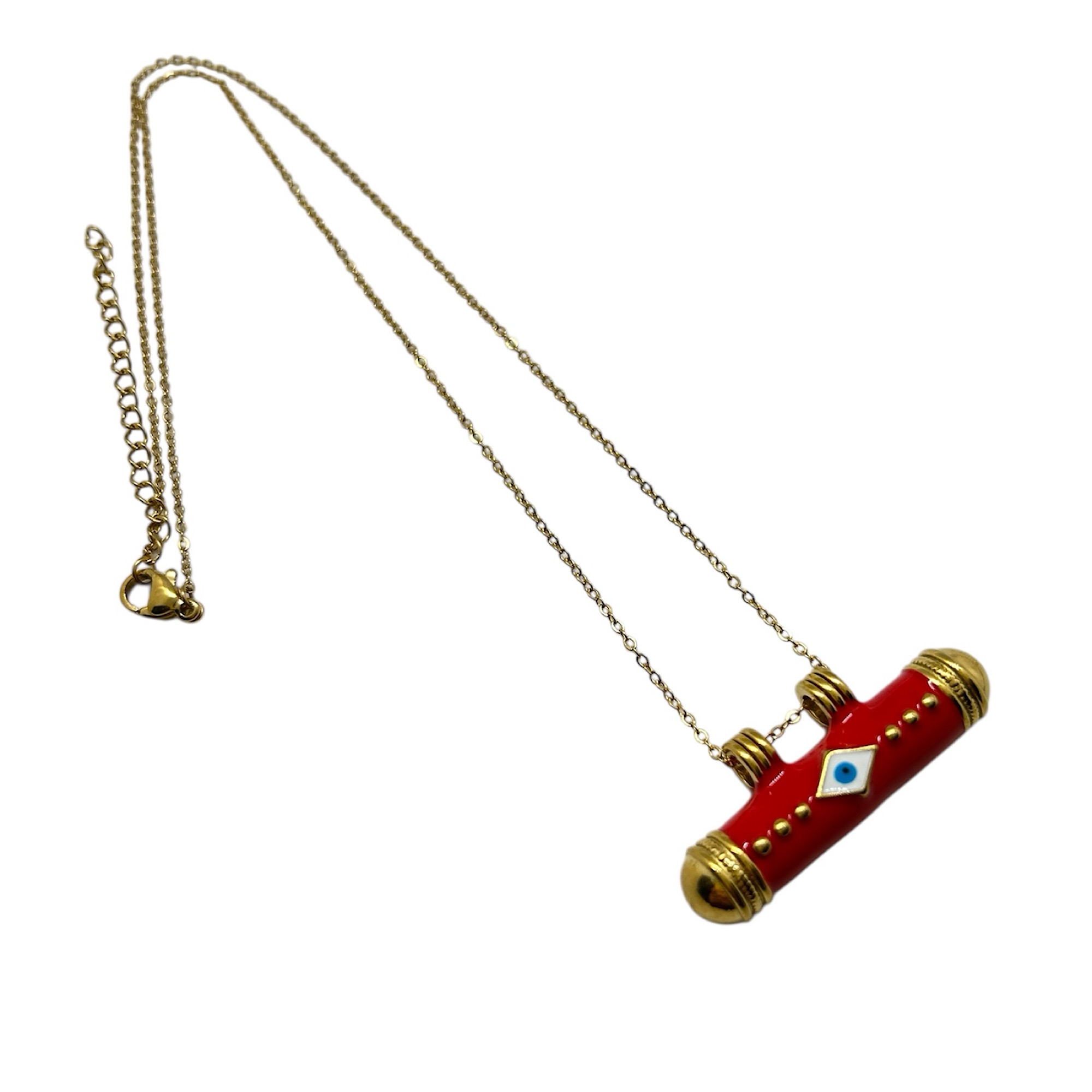 Gold-plated steel necklace with an enlongated eye in red color.